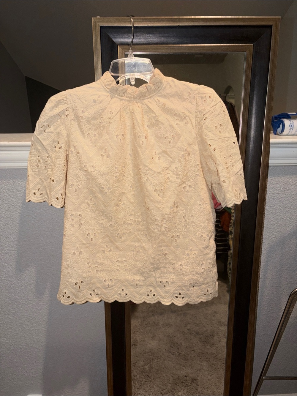 Ivory Eyelet Mock-Neck Short Sleeve Blouse